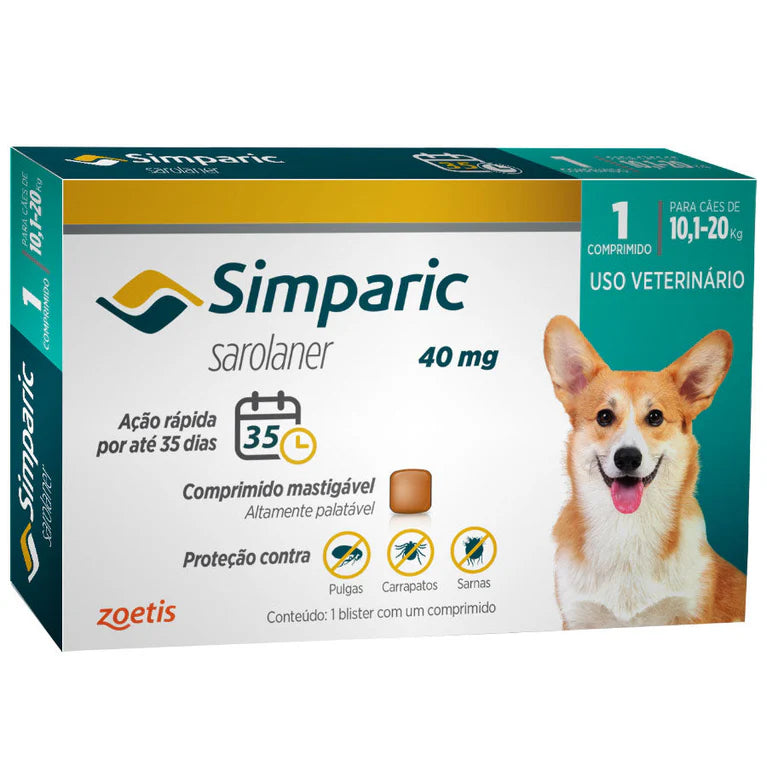 Antipulgas Zoetis Simparic 40 mg para Cães 10,1 a 20 Kg