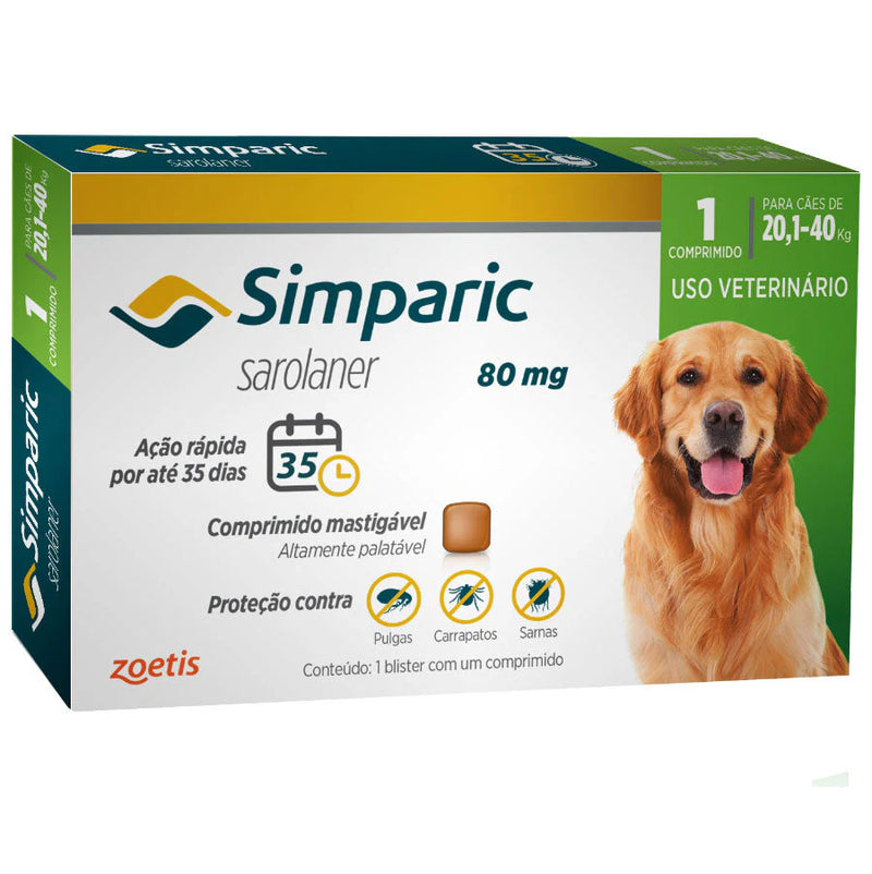 Antipulgas Zoetis Simparic 80 mg para Cães 20,1 a 40 Kg